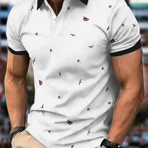 TEMU 남성용 여름 캐주얼 반팔 컬러블록 버튼 라佩l 셔츠, 화이트 바탕에 블랙 대비 칼라, 나는 새와 범선 올오버 프린트 상의