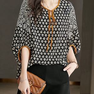 TEMU 새로운 여름 디자인, 빈티지 플로럴 프린트, 앞면 매듭 스타일, 루즈핏, 미디언 소매 쉬폰 탑, 세탁기 사용 및 드라이 클리닝 가능, 캐주얼 웨어