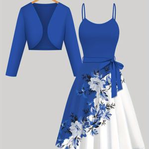TEMU 여성용 엘레강스 2피스 수트: 블루 가디건 재킷 & 플라워 드레스, 멜빵 레이스업 원피스 - 기계 세탁 가능 봄/가을 파티 및 데일리웨어 의상, 2피스 동반 세트 (결혼식, 사무실용)