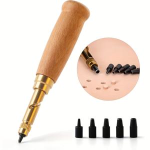TEMU 조절 가능한 가죽 구멍 펀치, 자동 나사 구멍 펀치 도구 (나무 색상 나무 손잡이 포함), 책 장식 도구 가죽 구멍 펀치 (6가지 팁 사이즈 1.5mm/2mm/2.5mm/3mm/3.5mm/4mm), 가죽 공예 도구, 가죽 도구 용품