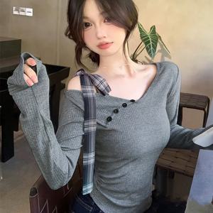 TEMU 여성용 불규칙 리본 오프숄더 탑 슬림핏 속옷 긴팔 탑