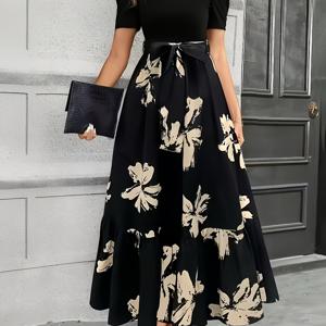 TEMU 여성용 신상 여름 빈티지 퍼프 슬리브 원피스. 하이웨스트, 리본, 플로럴 프린트, 플로잉 롱 스커트가 특징입니다.