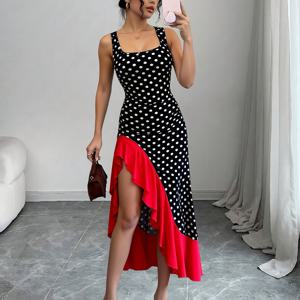 TEMU 여성용 스퀘어 넥라인 우아한 폴카 도트 프린트 컬러 블록 비대칭 밑단 허리 슬림핏 롱 파티 휴일 데이트 드레스