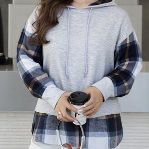 TEMU 2026 봄/여름 그레이 체크 스웨트셔츠 - 체크 칼라와 소매 리브드 디자인, 가볍고 부드러운 피부 친화적 스타일리시 후드 스웨트셔츠, 우아하고 세련된 니트웨어