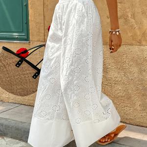 TEMU 플러스 사이즈 - 우아한 플러스 사이즈 여성 패션 루즈 솔리드 컬러 와이드 레그 팬츠 | 아이렐 자수, 신축성 없는 원단, 해변 및 캐주얼 외출에 적합