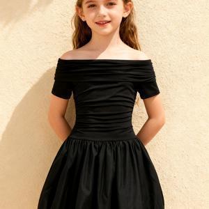 TEMU 여아용 블랙 오프숄더 러셔드 허리 버블 스커트, 우아한 오프숄더 반팔 퍼프 원피스