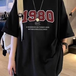 TEMU 여성용 Y2K 레트로 오버사이즈 티셔츠 - 블랙에 빨간색 1980 그래픽 & 대담한 글자 프린트, 라운드 넥 반팔 캐주얼 탑, 봄/여름용, 릴렉스핏 티셔츠, 비신축 원단