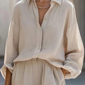 TEMU 프렌치 스타일 긴팔 셔츠, 루즈핏, 통기성 좋은, 고급스러운 느낌, 휴가 및 통근용