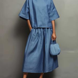 TEMU [프린트 팬츠 - 데님 원단 아님] 여성 캐주얼 데님 슈트 루즈핏 긴팔 라운드넥 탑 + 와이드 레그 7/10 팬츠 투피스 세트