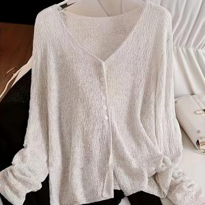 TEMU 시크하고 가벼운 브이넥 가디건 - 시스루 여름 긴소매 숄, 폴리에스터 섬유, 봄/여름/가을용, 여성 캐주얼 섹시 스타일, 봄 아우터웨어 | 우아한 앞면 오픈형 | 광택 원단