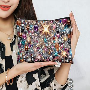 TEMU 화려한 보석 핫 스탬핑 프린트가 있는 다기능 메이크업 가방 1개, 일상 통근/여행용 수납/ 모임용, 화장대/야외 간단한 화장용, 라이트 럭셔리 패션/정교한 우아함, 메이크업 파우치, 절친을 위한 선물/밸런타인데이 선물