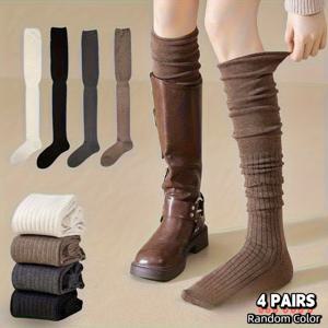TEMU 여성용 고탄력 오버 니즈 삭스 4켤레 - 루즈핏 긴 다리 오버 삭스. 이 고탄력 산후 삭스는 모든 계절에 적합하며, 야외 레저 및 일상복에 완벽하게 어울립니다. 신축성 있는 소재로 제작되었습니다.