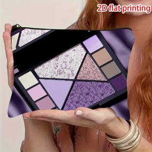 TEMU 화장품 가방 1개, 2D 평면 프린팅, 기하학적 아이섀도우 팔레트 프린트 패턴, 화이트, 라일락, 퍼플, 브라운 톤과 블랙 트림, 지퍼 파우치, 여행용, 데일리용, 여성을 위한 선물용, 휴대용, 2D 평면