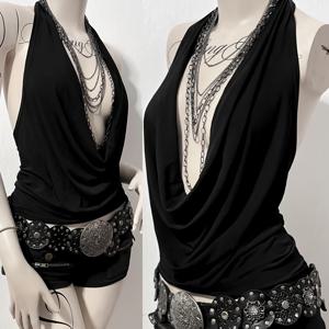 TEMU Y2K 하라주쿠 고딕 스타일 여성 타이넥 크롭탑, 섹시 슬림핏 패션, 백리스 디자인, 솔리드 컬러 숏 티셔츠, 락 시크 스트리트웨어, 니안니안