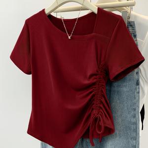 TEMU 방향성 BK260108038 여름 신상 불규칙 디자인 드로스트링 반팔 티셔츠 캐주얼 단색 탑