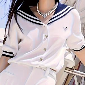 TEMU 여성용 봄/여름 티셔츠, 하이웨이스트 크롭탑, 여름 아이스 파이버 소재 니트웨어, 패션 스타일, 네이비 칼라, 코리안 버전 컬러블록 반팔, 초가을 5/8 소매 탑