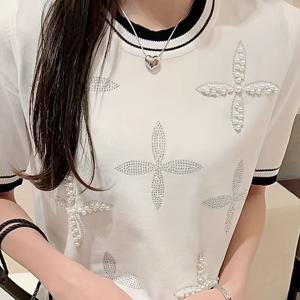 TEMU 여성용 캐주얼 시크 비즈 장식 반팔 티셔츠 - 세미시어 컬러블록 라운드넥 탑, 봄 여름 가을 필수 아이템, 가벼운 통기성 레이어링, 섬세한 질감