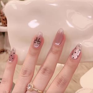 TEMU 인스턴트 강화 풀 세트 30개입 숏 오발 프레스온 네일 프렌치 누드 물방울 무늬 리본 한국 일본 스타일 여성용 손톱 스티커 (젤리 글루 1개 및 버퍼 스트립 1개 포함), 파티, 졸업식, 데일리 캐주얼 웨어에 적합