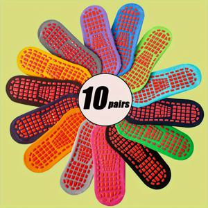 TEMU 10켤레 성인 랜덤 혼합 색상 도트 접착 트램폴린 바닥 요가 도트 미끄럼 방지 보트 양말, 펀 스포츠 단색 남녀 양말