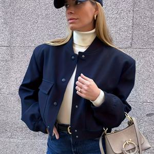 TEMU 봄/가을 신상 캐주얼 스타일, 대형 포켓 폴로 칼라 여성 패션 단색 루즈핏 캐주얼 재킷