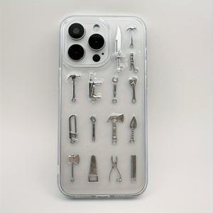 TEMU 3D 공구 크리에이티브 수제 메탈 장식 휴대폰 케이스, 아이폰 13/14/15 프로 맥스용, 투명 느낌, 트렌디한 스타일, 인스타 스타일, 투명 에폭시 후면 커버, 니치 디자인