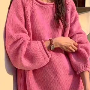 TEMU 2024 가을 겨울 신상 프렌치 라운드넥 풀오버 단색 여성용 랜턴 슬리브 루즈 캐주얼 게으른 스웨터 피부톤 개선 패션 다용도 스웨터