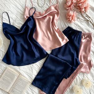 TEMU 여성용 가을/겨울 슬라우치 칼라 단색 인조 Y 통기성 좋은 편안한 캐주얼 섹시한 캐미솔 긴바지 파자마 세트 4개 세트