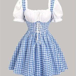 TEMU 레트로 체크 패치워크 여성 드레스 웨빙 리본 스위트 귀여운 JK 로맨틱 우아한 데이트 퍼프 소매 숏 스커트 다용도 슬림 컬러 블록 스티칭 예쁜 넉넉한 베이비돌 드레스