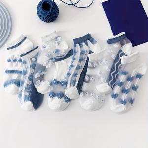 TEMU 8켤레 여름 신상 블루 시리즈 상큼하고 달콤한 카시스꽃 프린트 레이스 스위트 큐트 통기성 발목 양말