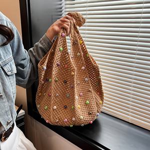 TEMU 여성용 게으른 해변 휴가 직조 가방, 여름 진주 속이 빈 겨드랑이 가방, 대용량 출퇴근 숄더 토트