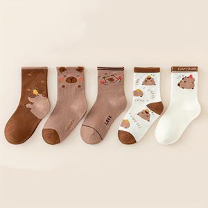 TEMU 5켤레 신상 카피바라 아동 양말 | 귀여운 다용도 미드 카프 양말 남아용, 엘라스테인, 만화 패턴, 올 시즌, 손세탁만 가능