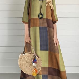 TEMU 여성 드레스, 빈티지 스타일 기하학 플래드 맥시 드레스 - 올리브 그린, 브라운 & 베이지 패치워크 디자인, 크루넥, 반소매, 캐주얼부터 시크 스타일, 편안한 복장 | 레트로 기하학 드레스 | 어스톤 디자인, 귀여운 드레스, 여성 의류