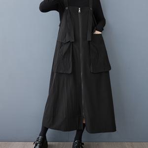 TEMU 여성용 빈티지 올리브 그린 카고 드레스 - 큰 포켓이 있는 슬리브리스 A라인 지퍼 롱 드레스, 모든 계절에 편안한 레이어링 피스, 캐주얼 웨어 드레스 | 빈티지 스타일 드레스 | 텍스처