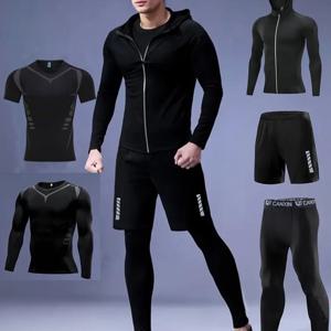 TEMU 남성용 스포츠웨어 5종 세트, 캐주얼 피트니스 의상, 신축성 속건성 프린팅 반팔 티셔츠, 긴팔 + 반사 지퍼 후드 자켓, 반사 체크무늬 드로스트링 루즈핏 반바지, 레깅스, 야외 달리기, 사이클링, 체조 훈련용 - 사계절 스타일