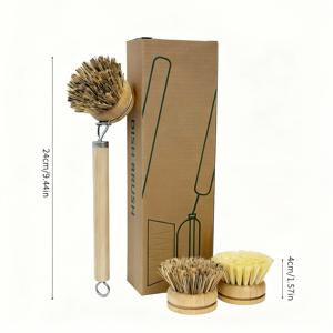 TEMU 솔리드 우드 접시 브러쉬, 롱 핸들 브러쉬, 핸들 + 브러쉬 헤드 4pcs 세트, 시살 및 코코넛 코이어, 식물 섬유 브리스틀