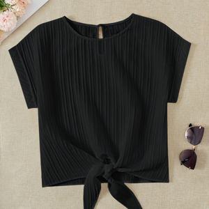 TEMU 여성용 반팔 플리츠 텍스처 라운드넥 티셔츠