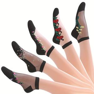 TEMU 여성용 발목 양말 5켤레, 봄/여름용 얇고 통기성 좋은 유리 양말, 흡습성 양말, 중장년 및 노년 여성을 위한 유럽/미국 스타일 숏양말, 일상용으로 적합