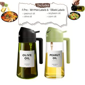 TEMU 스티커 포함 16온스/470ml 2-in-1 요리용 오일 스프레이어 2개, 흰색 스티커 포함, 식품 등급 유리 오일 스프레이 병, 오일 디스펜서 및 오일 스프레이어, 주방, 샐러드, 튀김, 그릴용 (짙은 유리와 투명 유리)