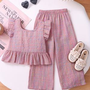 TEMU 여아용 여름 세트 2pcs: 체크무늬 라운드넥 러플 소매 밑단 슬릿 상의 + 체크무늬 캐주얼 긴 바지, 야외 활동용으로 완벽