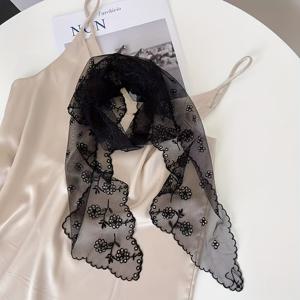 TEMU 우아한 플로럴 자수 롱 리본 스카프 - 여성용 가벼운 통기성 폴리에스터 메쉬, 다목적 파티 & 일상 액세서리, 데코 네클라치 또는 패션 악센트, 플로랄 스카프