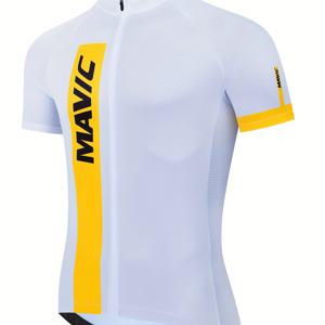 TEMU 남성용 MAVIC 프로페셔널 사이클링 셔츠 통기성 폴리에스터 니트 원단 기하학적 패턴 라운드넥 반팔 레귤러 스타일, 라이딩에 적합, 90% 폴리에스터 및 10% 스판덱스 혼방, 중간 탄성 여름/봄/가을 시리즈