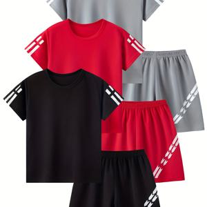 TEMU 6피스 남아용 반바지 세트 여름 빅 키즈 남아 그라데이션 메시 속건성 반팔 + 5부 바지 콤비네이션 루즈 캐주얼 웨어 세트 야외 러닝 농구 스포츠웨어 사계절 얇은 캐주얼 스포츠 스타일 형제 옷 멀티 컬러 워셔블