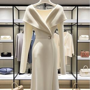 TEMU 프렌치 긴팔 원피스 여성용 리틀 블랙 드레스 화이트 스웨터 원피스 (가을/겨울용 벨트 포함)