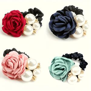 TEMU 4개 혼합 대장 링 달콤한 장미 꽃 고탄력 머리끈 머리 로프 볼 헤어 쉬운 모조 진주 머리끈 [수제, 랜덤]