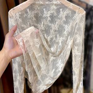 TEMU 여성용 여름 하프 터틀넥 레이스 안감 블라우스, 새로운 봄/여름/가을 스타일, 시스루 메쉬 긴소매 튤 베이스 레이어 탑, 여성 의류