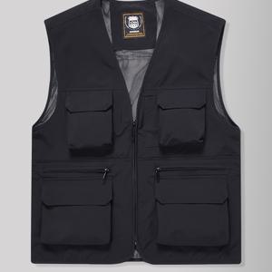 TEMU 남성용 경량 통기성 아웃도어 작업 조끼 - 민소매 스탠드업 칼라 조끼, 멀티 포켓 디자인, 하이킹, 낚시 및 작업에 적합한 내구성 좋은 폴리에스터 섬유 소재, 지퍼, 다중 포켓, 여행에 적합