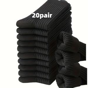 TEMU 남성용 블랙 중목 양말 20켤레, 수직 줄무늬, 땀 흡수성 및 통기성