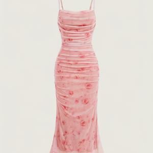 TEMU 핏핏 허리와 장미 패턴이 특징인 핑크 오프숄더 플로럴 드레스입니다. 플리츠 메쉬와 상쾌하고 몽환적인 롱 스커트가 돋보이며, 축제 행사, 이브닝 이벤트, 캐주얼 엘레강스, 중요한 모임에 적합합니다.