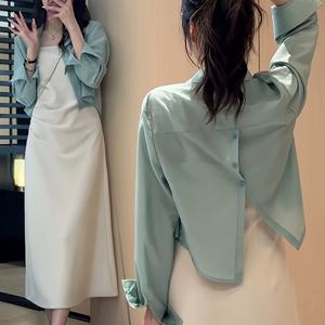 TEMU 여성용 우아한 오피스 캐주얼 폴로 칼라 백슬릿 가벼운 셔츠/롱 슬리브 블라우스, 학생 봄 여름 가을 출근 패션 페티트 숏 아우터웨어 탑