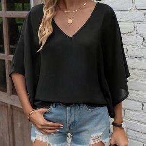 TEMU 솔리드 V넥 배트윙 슬리브 캐주얼 바캉스 셔츠, 여름에 적합